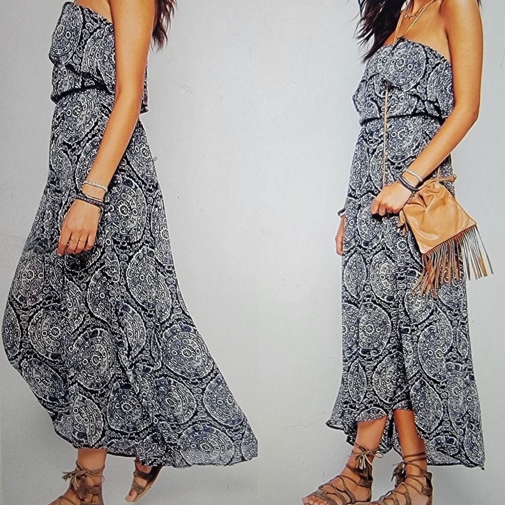 HOLLISTER Boho Strapless Off The Shoulder Maxi Dress, Blue & White
